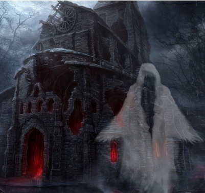 Hình nền halloween – Bóng ma trong lâu đài hoang