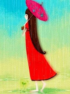 Hình nền hoạt hình - Cô bé đi dạo dưới mưa