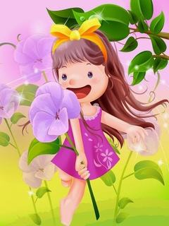Hình nền hoạt hình - Cô bé trong vườn hoa