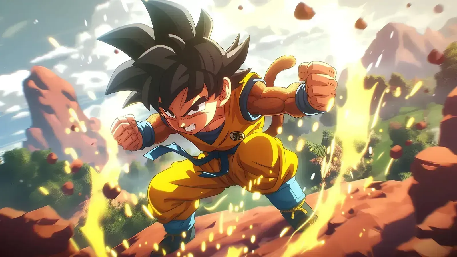 Bé Goku tóc đen, đuôi khỉ, tư thế chiến đấu, năng lượng vàng xung quanh, nền núi đá.